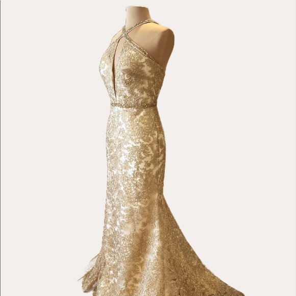 Exquisite Gold embroidered lace gown with dazzling beaded neckline and waistband - Picture 17 of 17